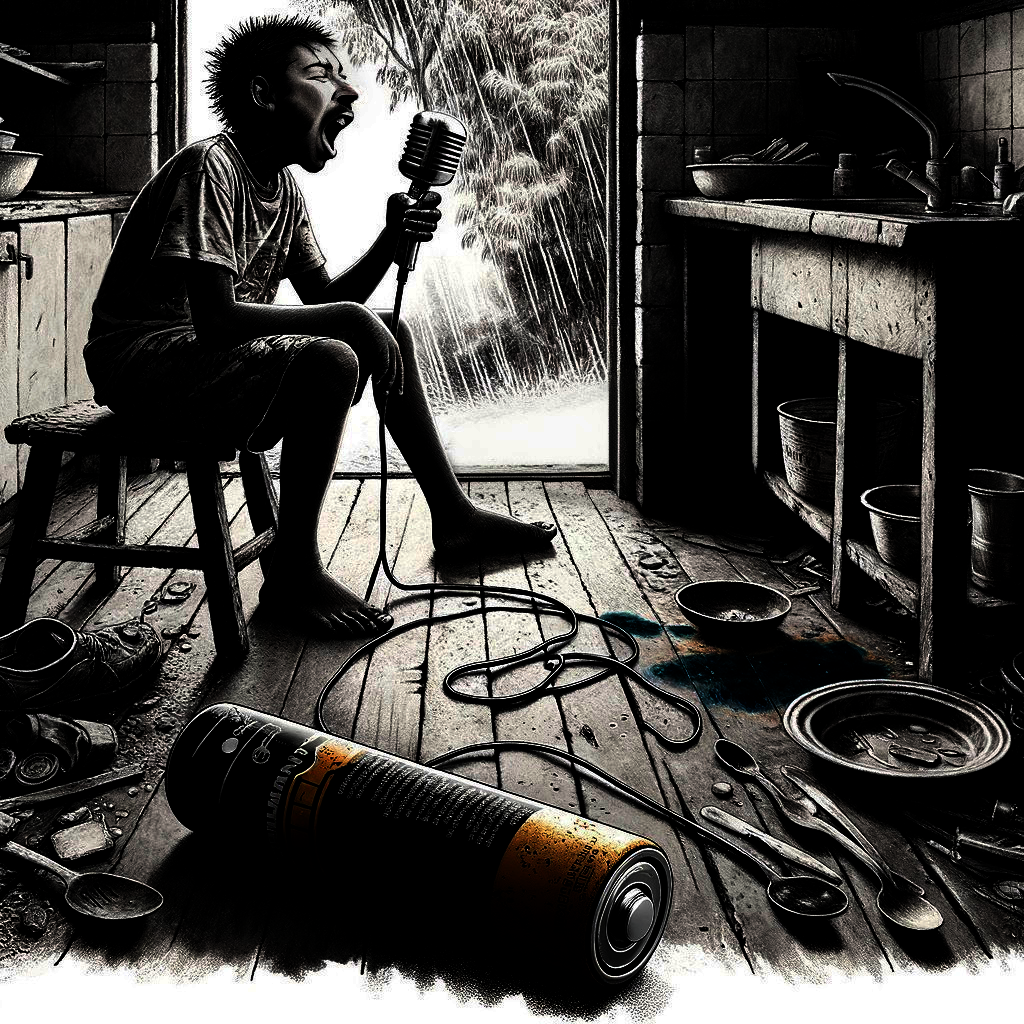 Young Boy Singing in Dim Kitchen Amidst Chaos