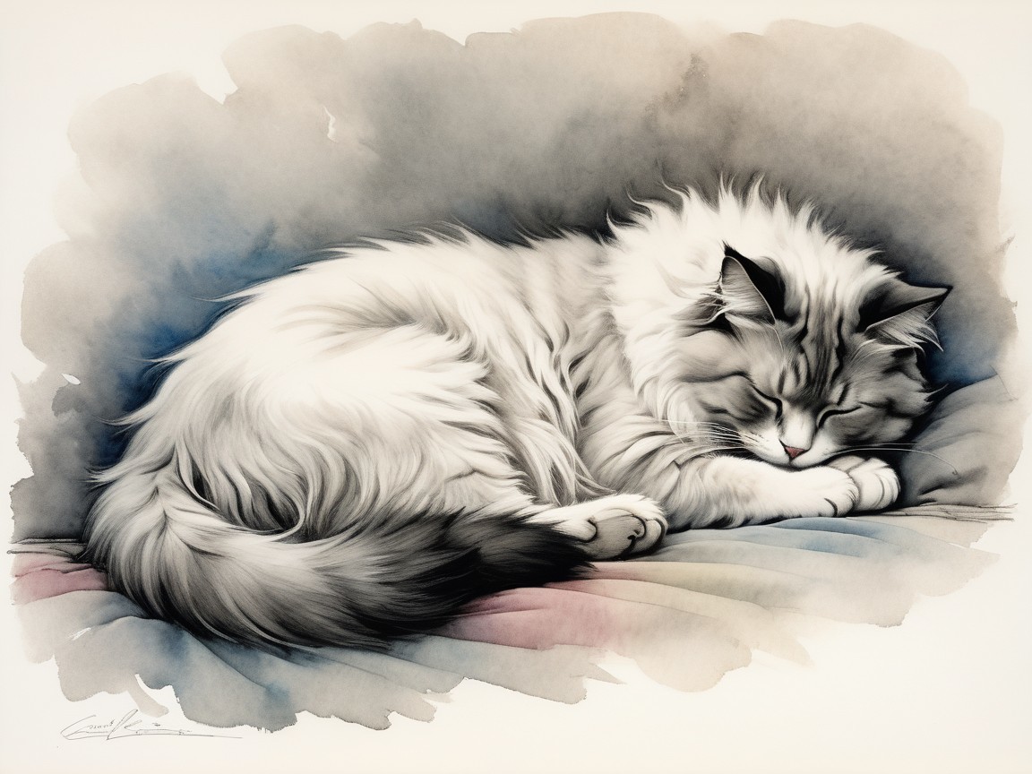 Fluffy Sleeping Cat on Soft Surface with Detailed Fur