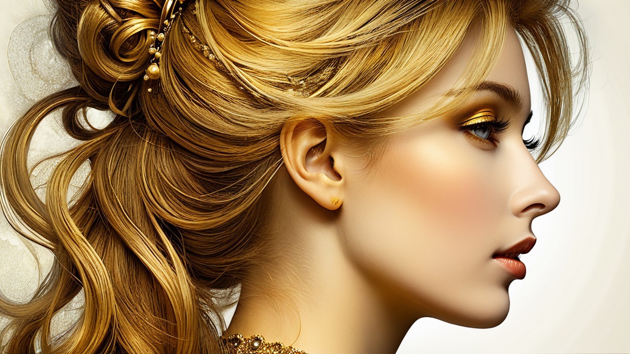 Profile View of a Woman with Golden Hair and Makeup