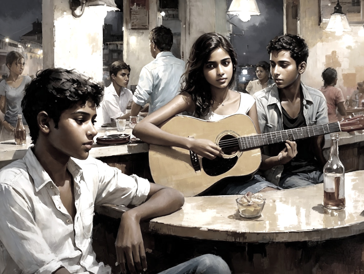 Young Girl Playing Guitar in Cozy Cafe Setting