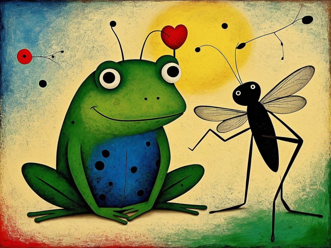 Cheerful Frog and Insect Illustration with Heart and Sun