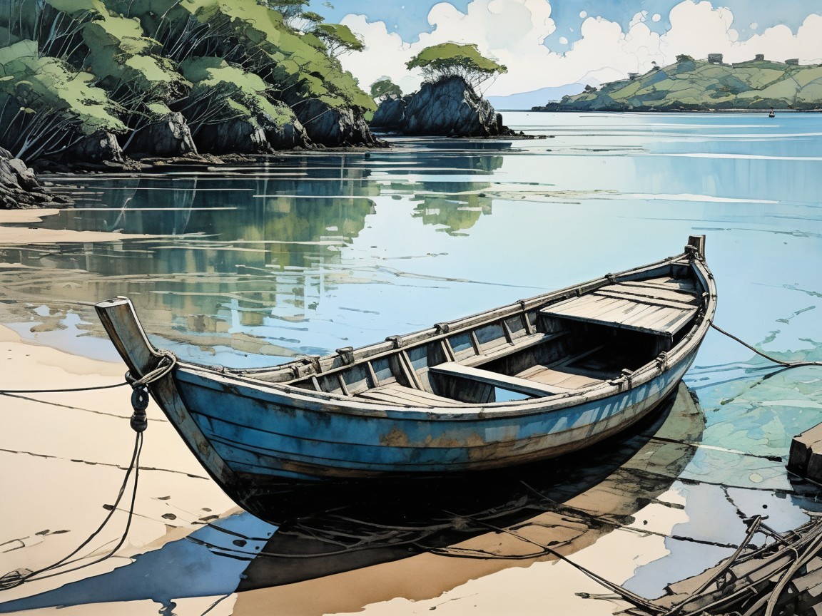 Weathered Wooden Boat on Sandy Shoreline Scene