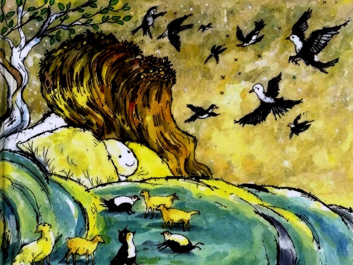 Whimsical Landscape with Cozy Figure and Colorful Birds