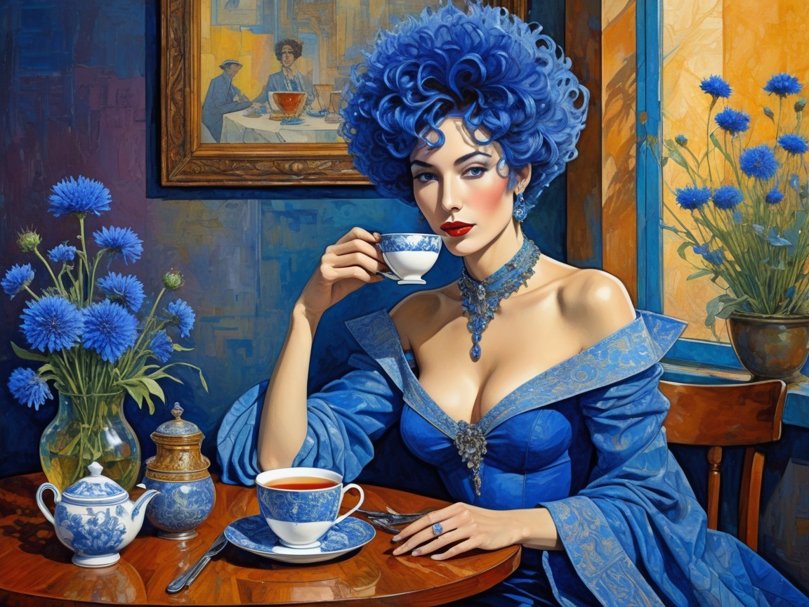Glamorous Woman in Blue Gown Sipping Tea Elegantly