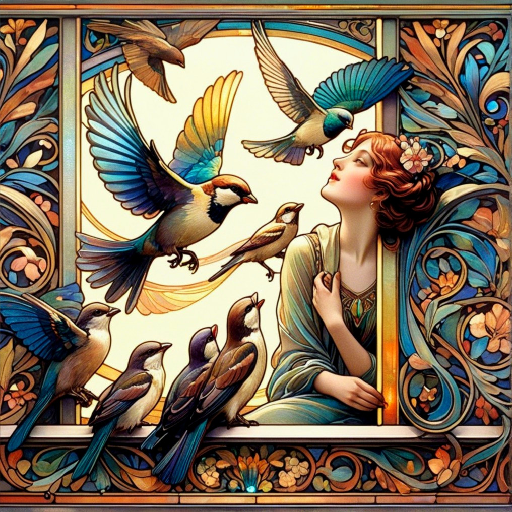 Woman with Floral Hair Surrounded by Colorful Birds