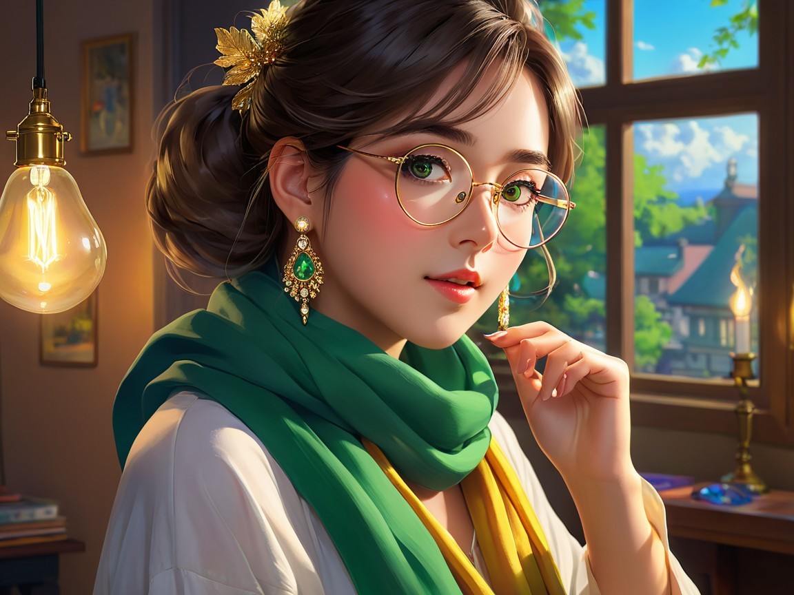 Young woman with elegant accessories in sunlit room