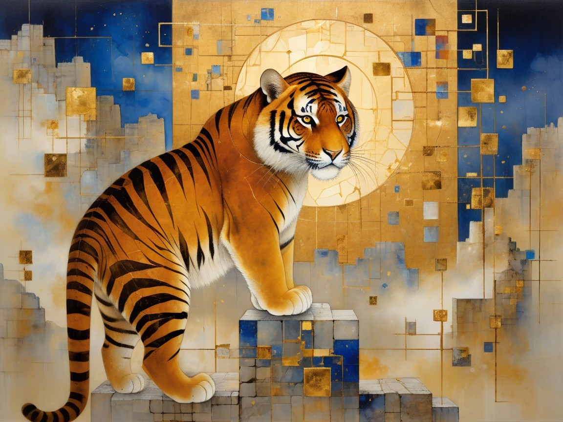 Tiger on Golden Blocks in Abstract Landscape