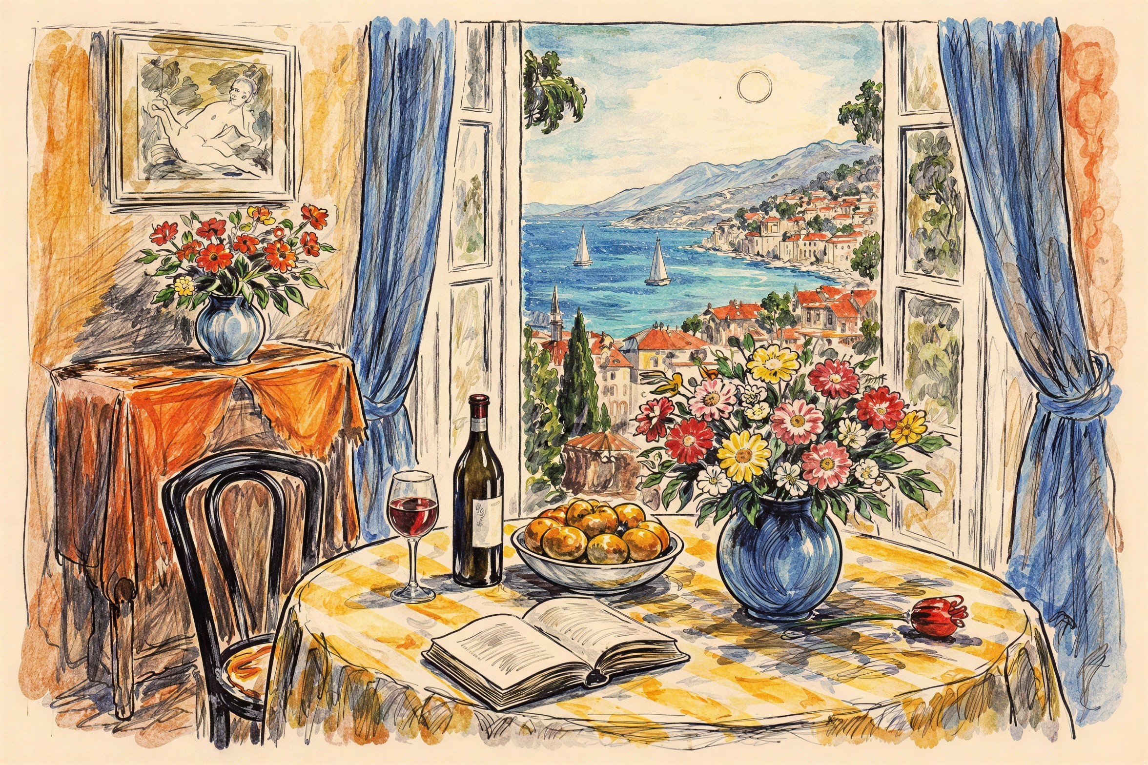 Watercolor and Ink Interior Scene with Mediterranean View