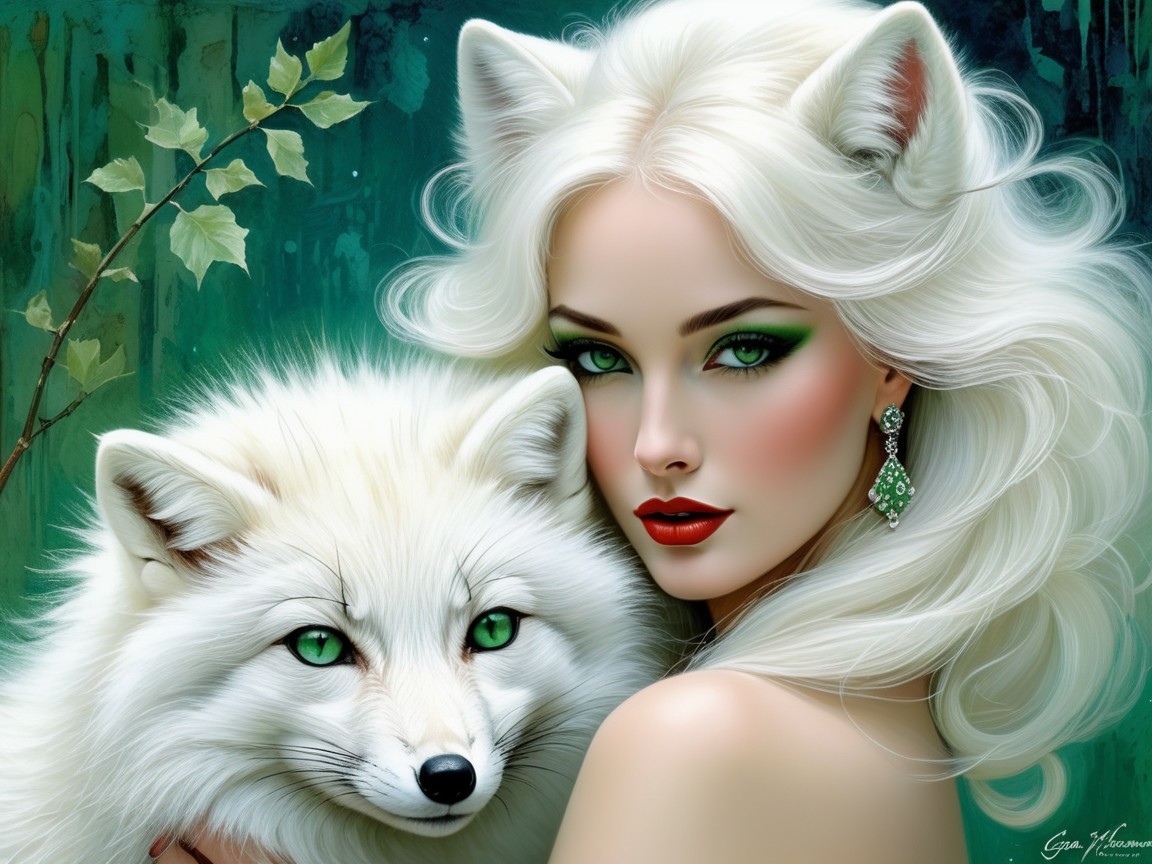 Ethereal Woman with White Hair and Fox Companion
