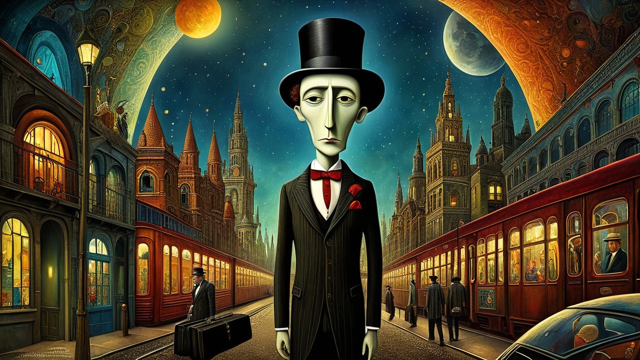 Surreal Urban Scene with Dapper Man and Moonlit Street