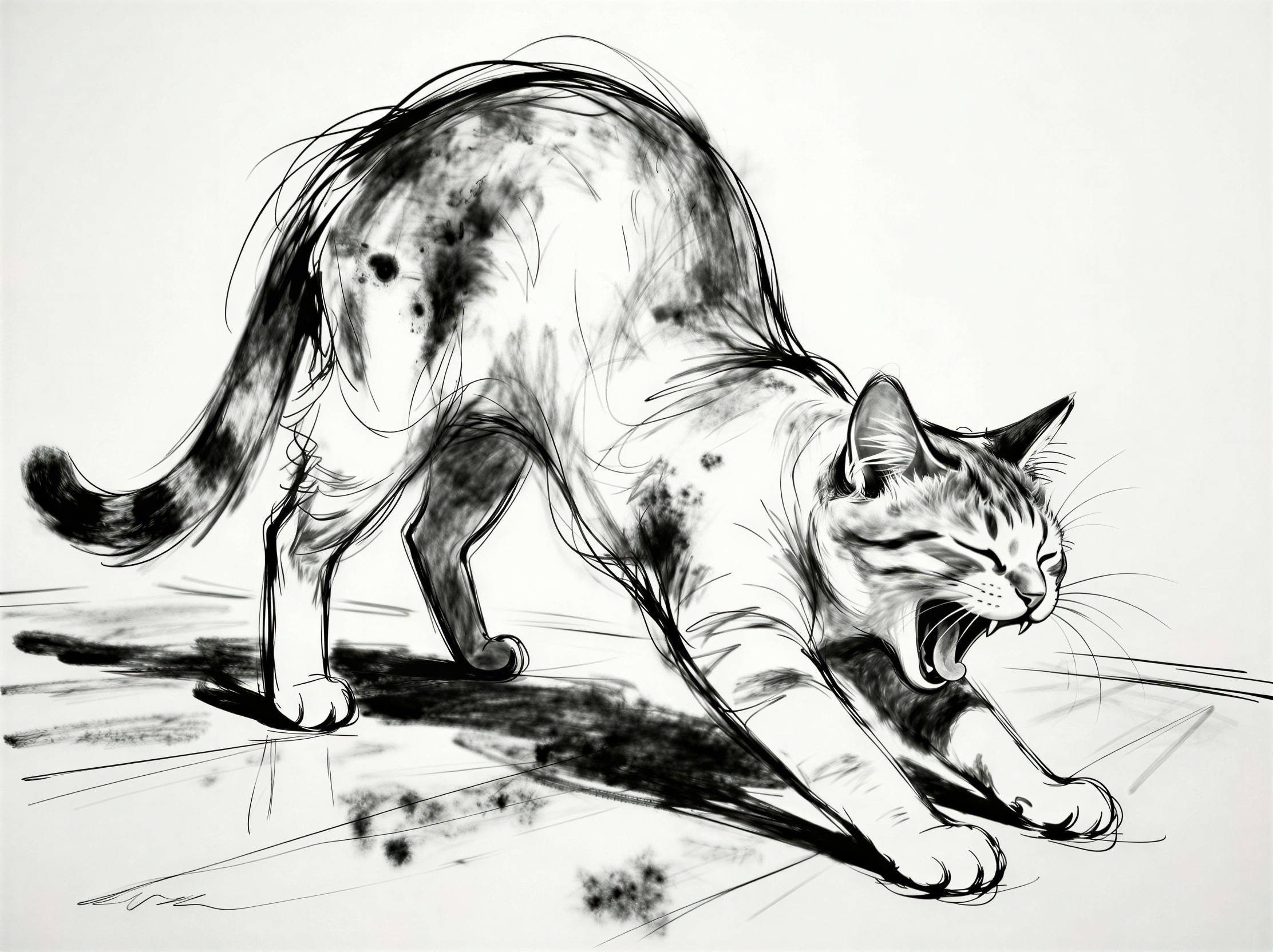 Hand-drawn black and white sketch of a stretching cat