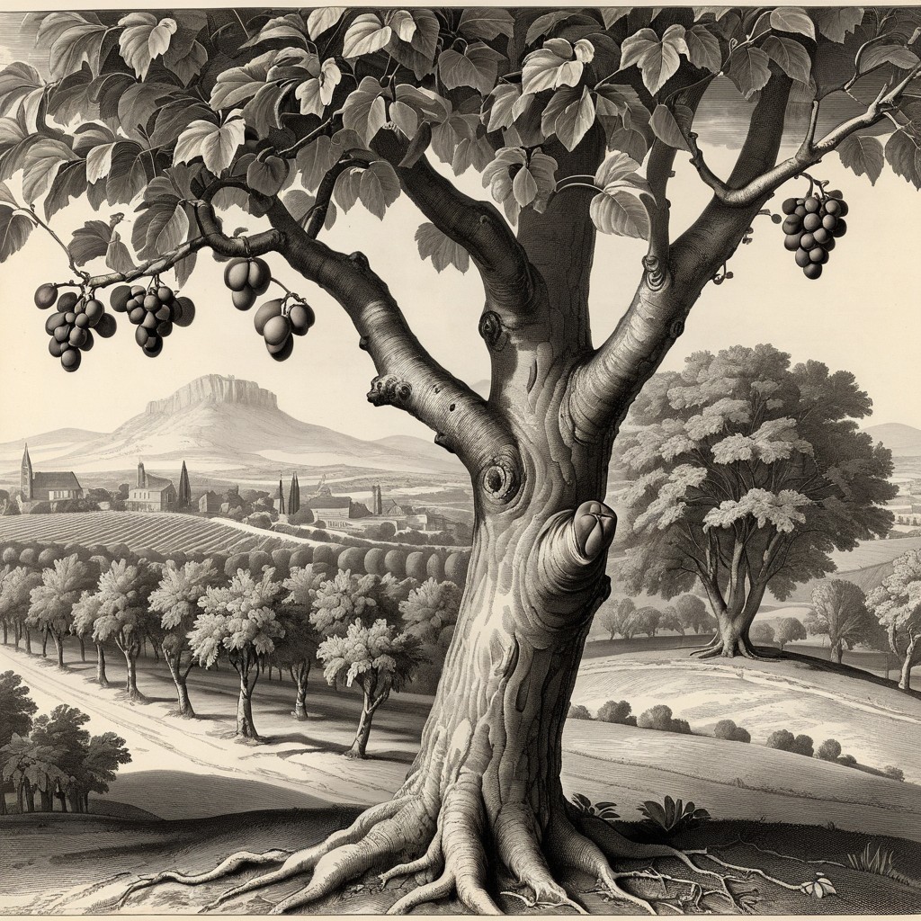 Monochromatic Illustration of Tree with Grapes and Landscape