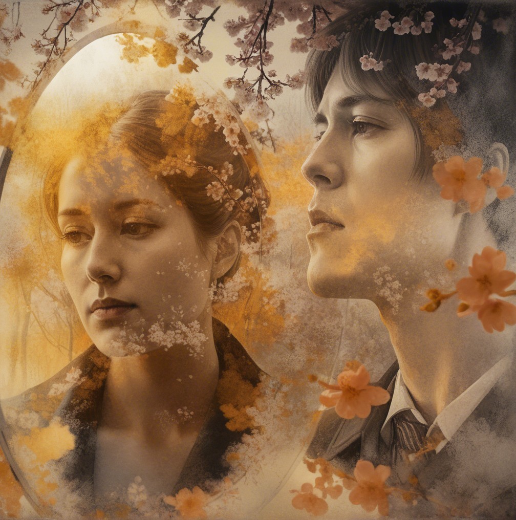 Portrait of a couple framed by cherry blossoms