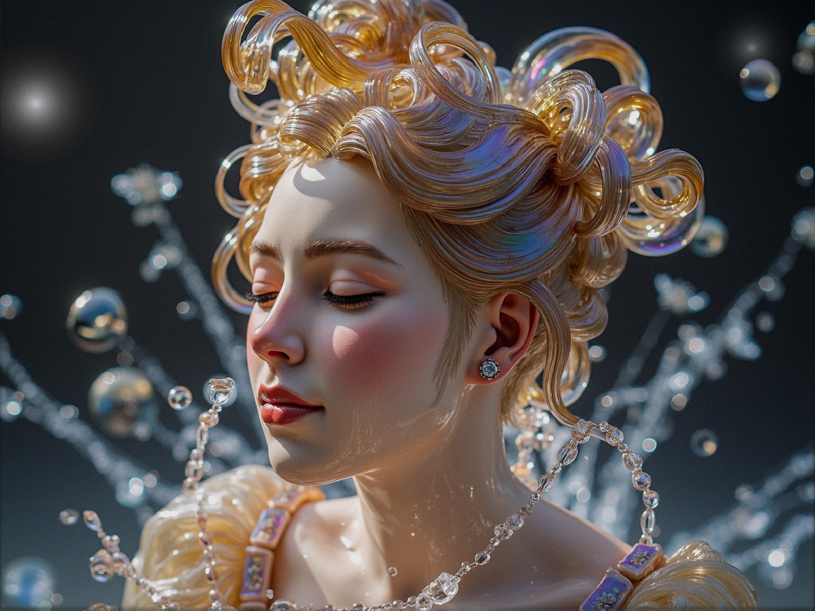 Serene Young Woman with Golden Curls and Bubbles
