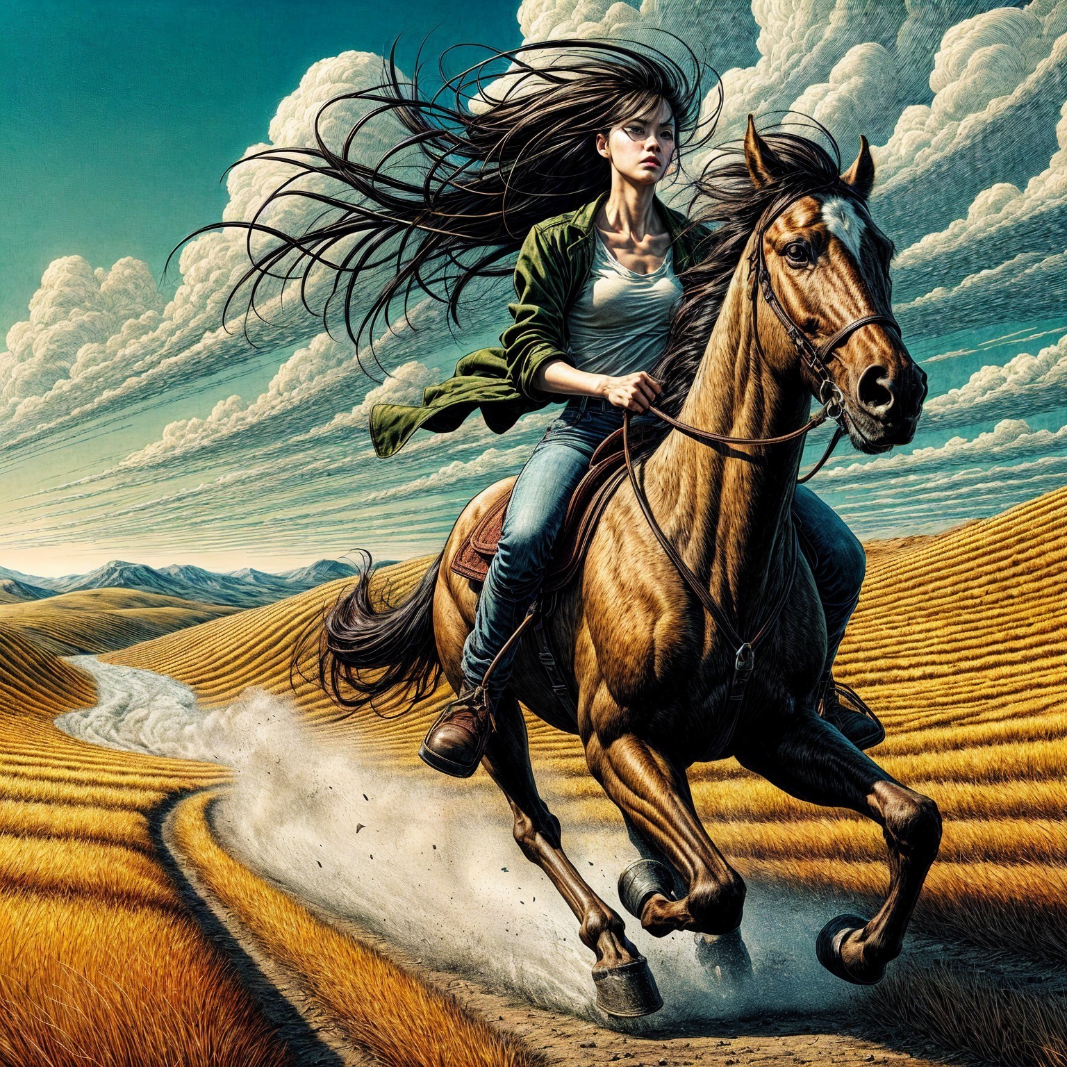 Young Woman Galloping on Horse Through Golden Fields