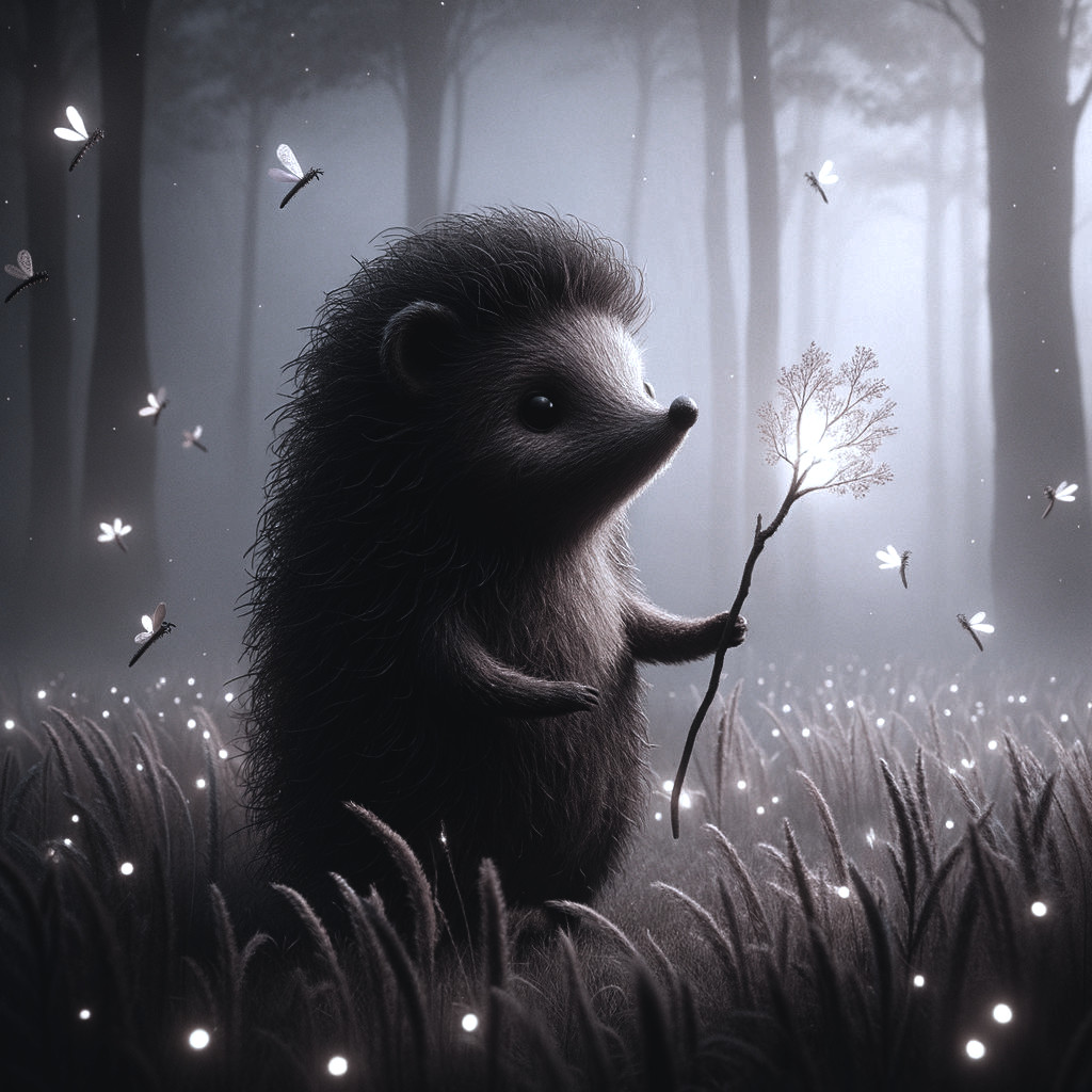 Hedgehog in Mystical Forest with Glowing Branch and Fireflies