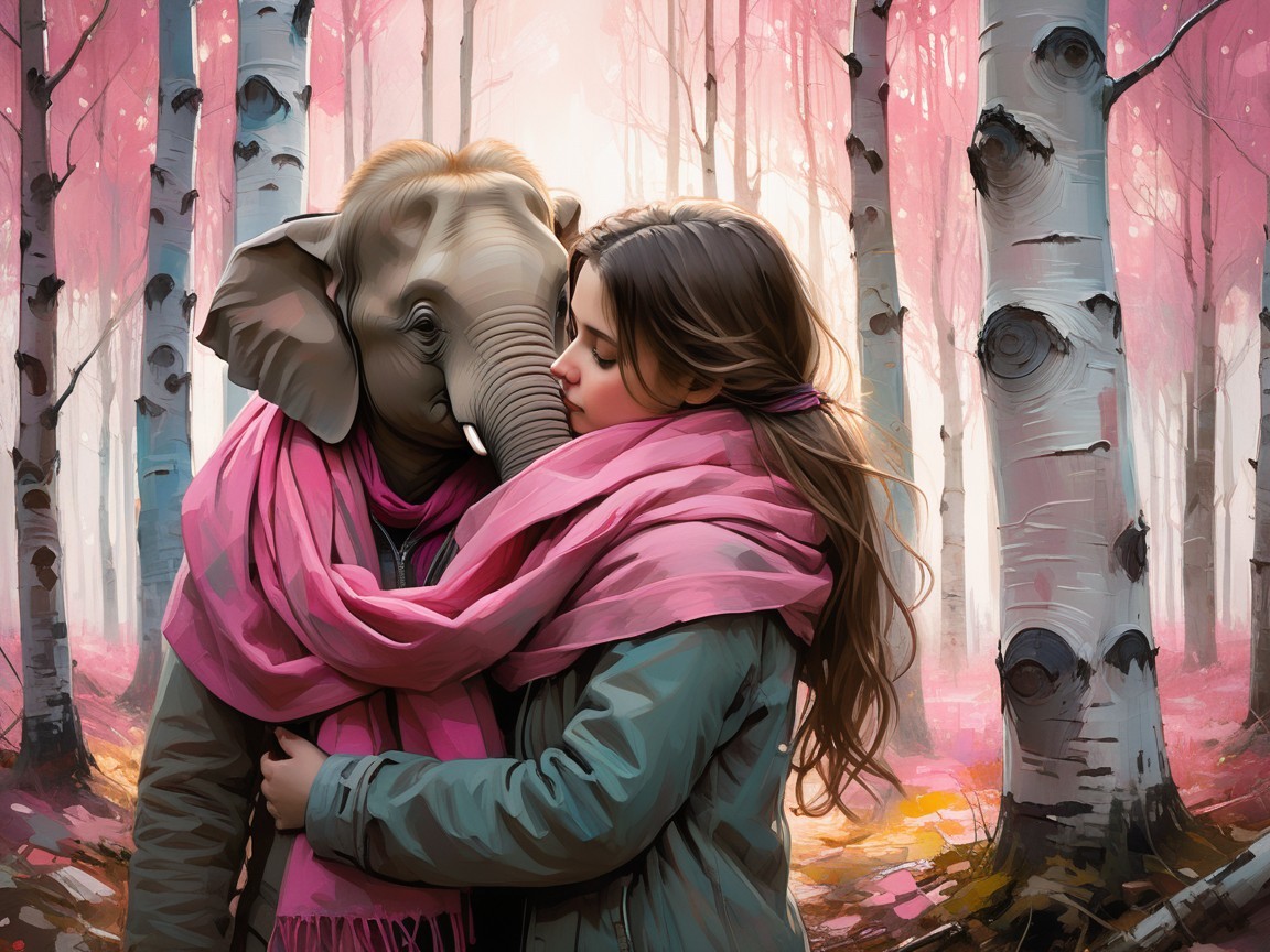 Whimsical Forest Scene with Woman and Elephant