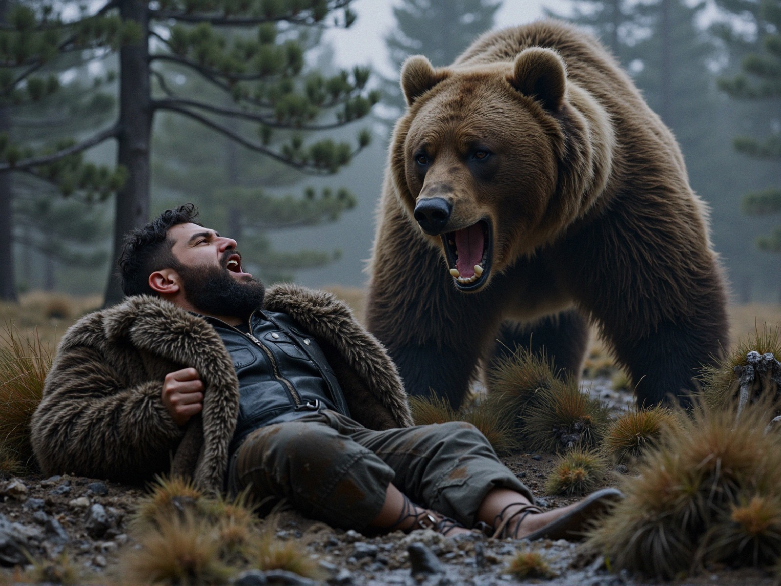 Bear Encounter in a Misty Forest Setting