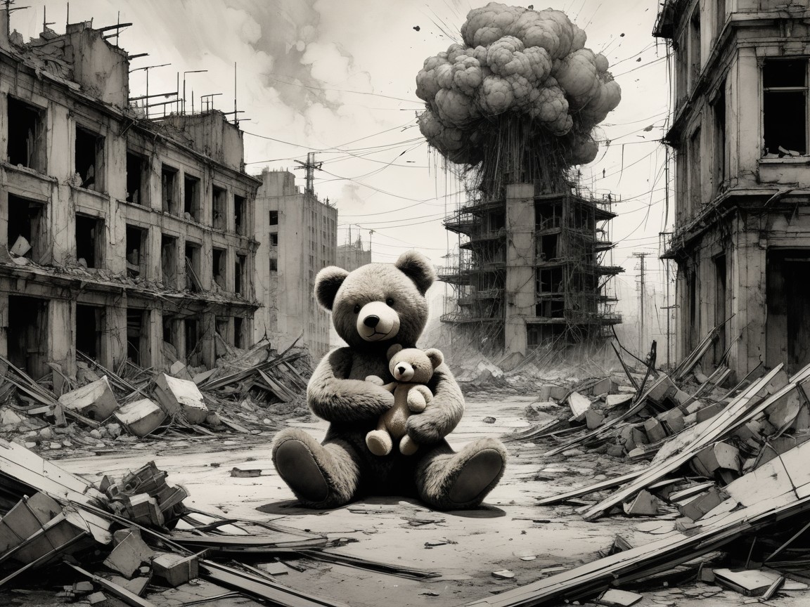 Teddy Bears in a War-Torn Landscape of Destruction