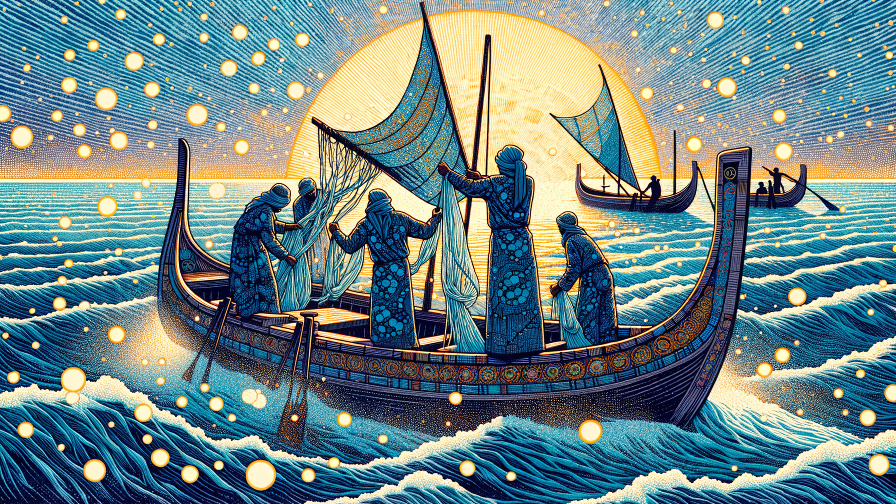 Fishermen in Traditional Boats on Vibrant Ocean Waves