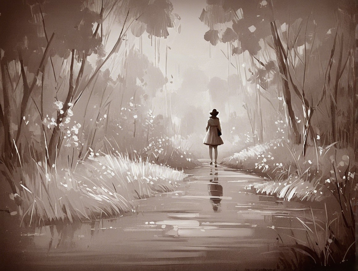 Monochromatic Scene of a Figure by a Calm Stream