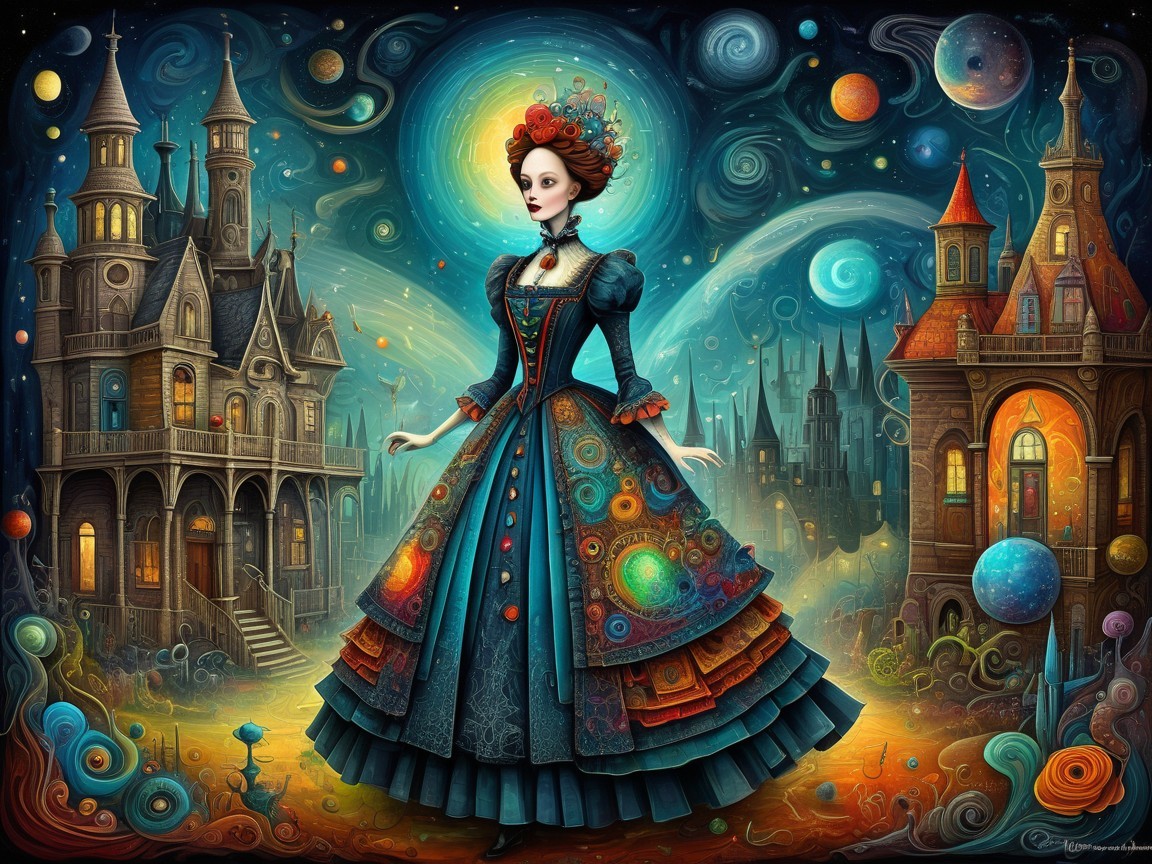 Whimsical Scene of Woman in Celestial Gown and Castles