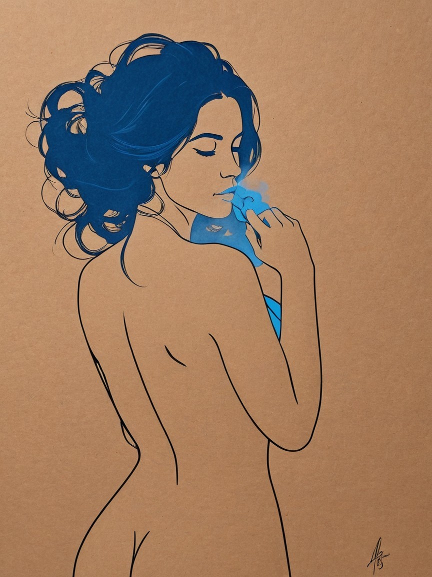 Profile of a Contemplative Woman with Blue Smoke