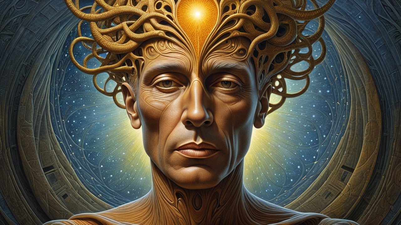 Surreal Figure with Golden Patterns and Cosmic Background