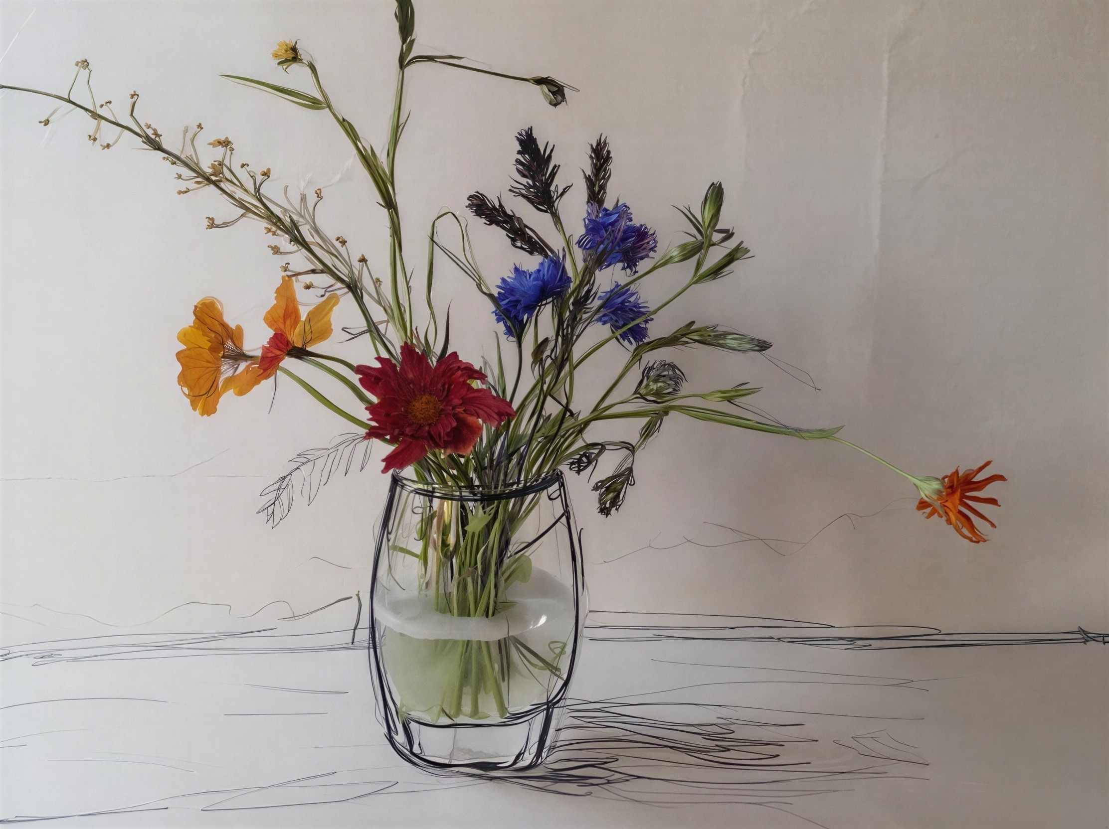 Still Life of Colorful Flowers in Ink Sketch Vase