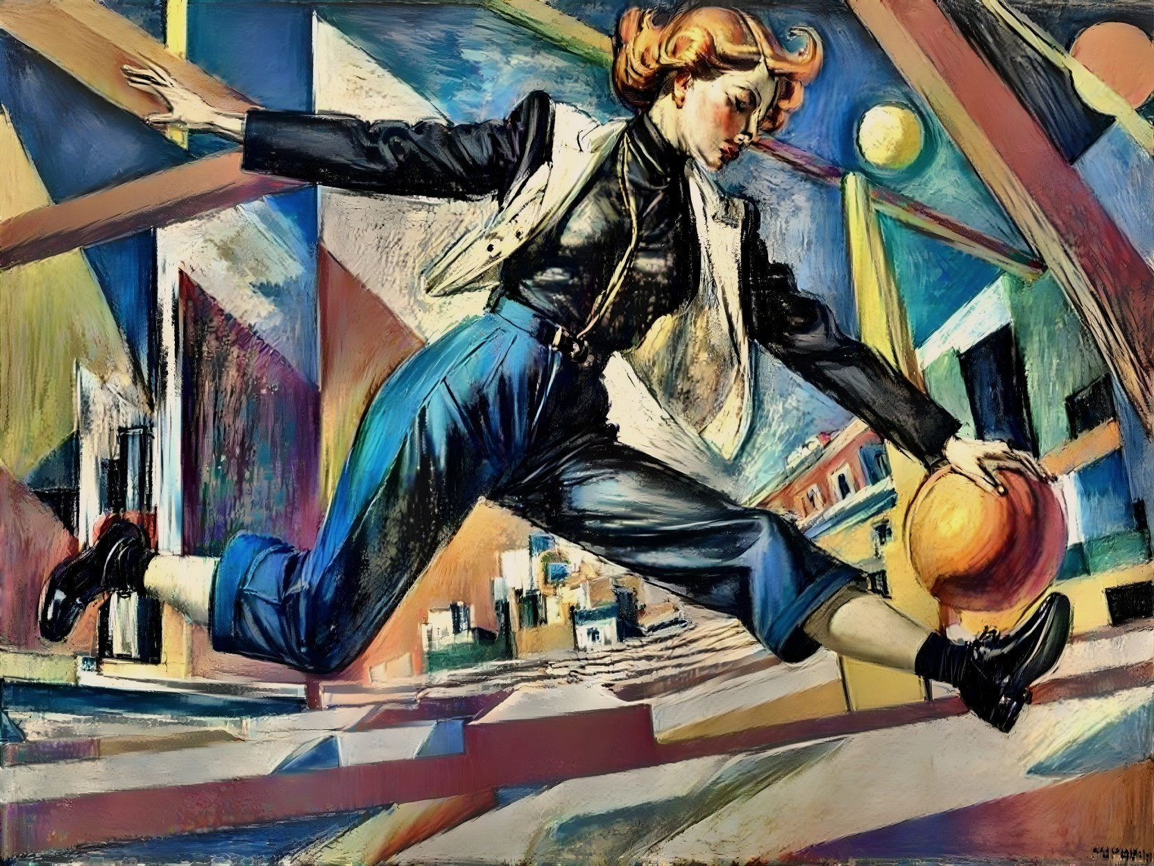 Dynamic Painting of Woman Bowling with Orange Ball