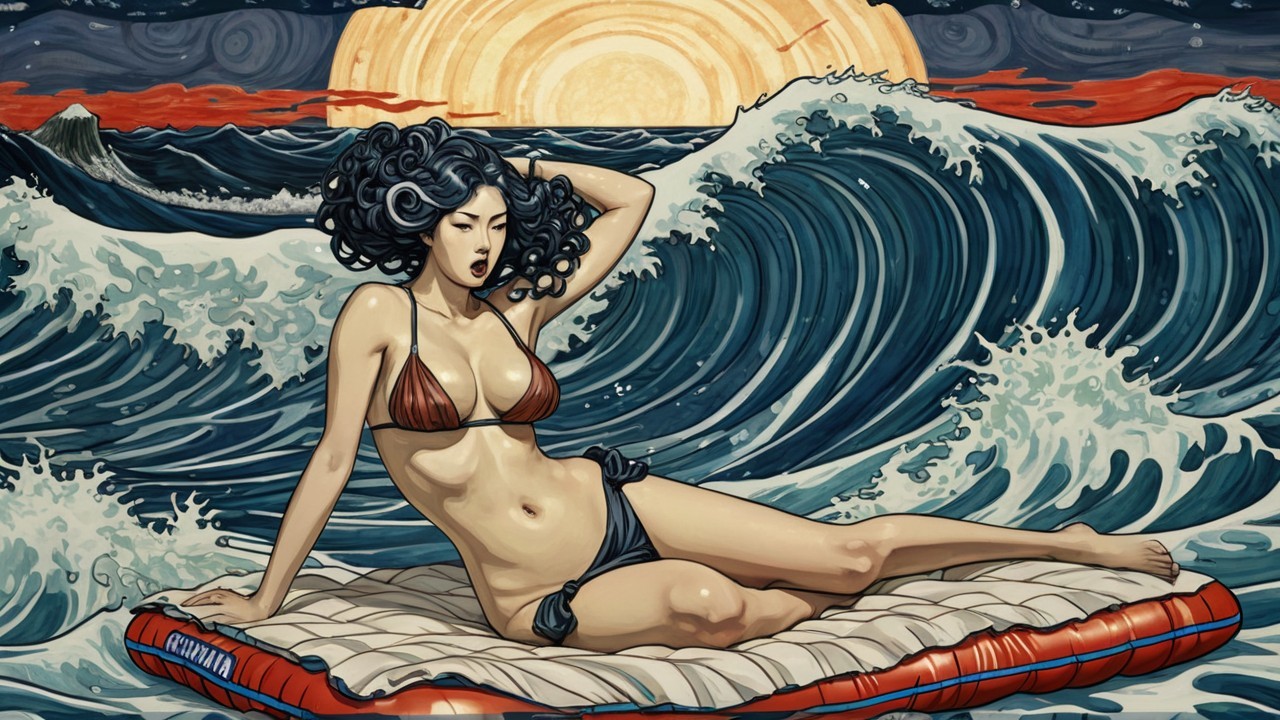 Serene Beach Scene with Woman on Raft at Sunset