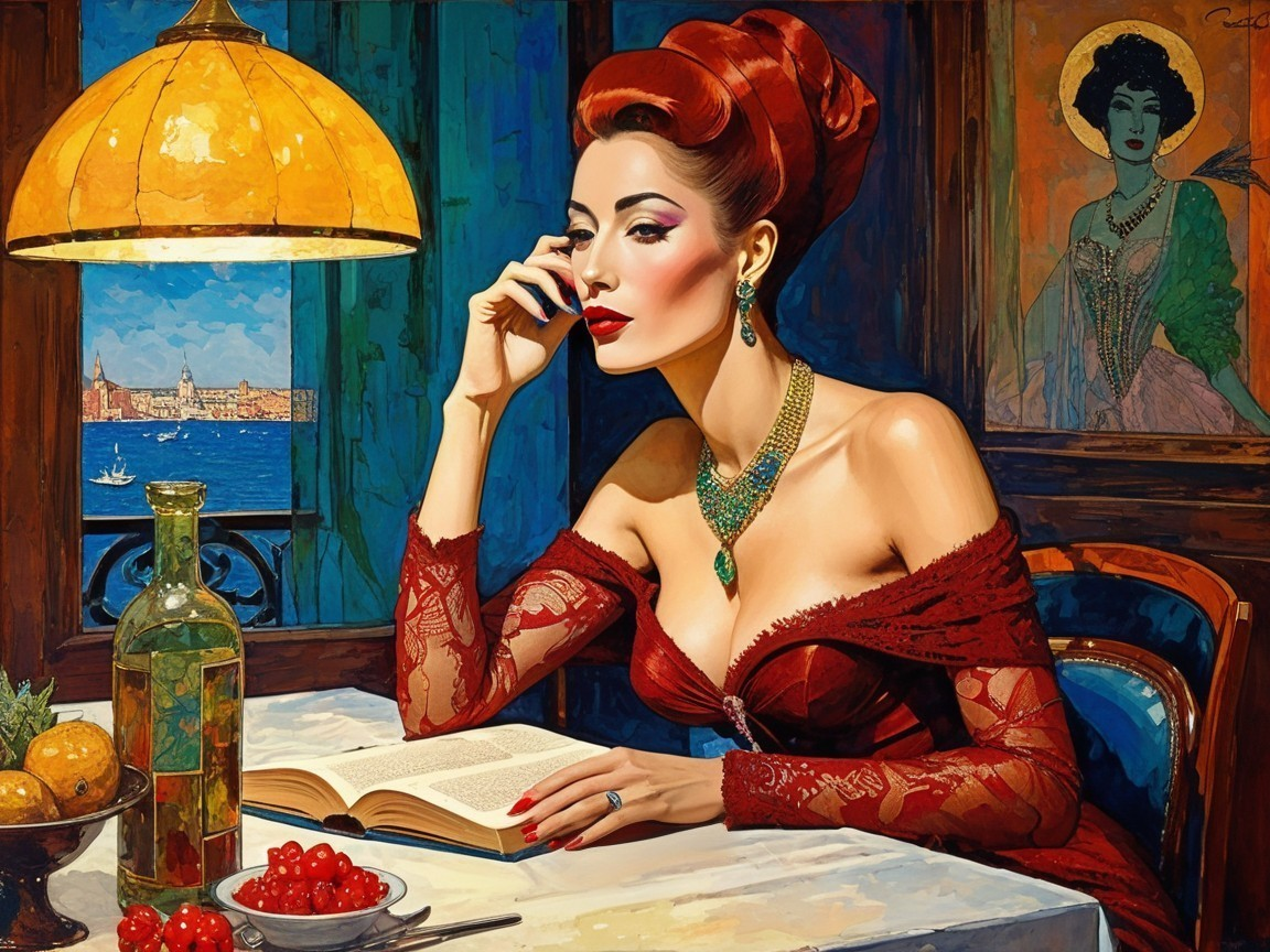 Glamorous Woman Reading in Elegant, Dimly Lit Room