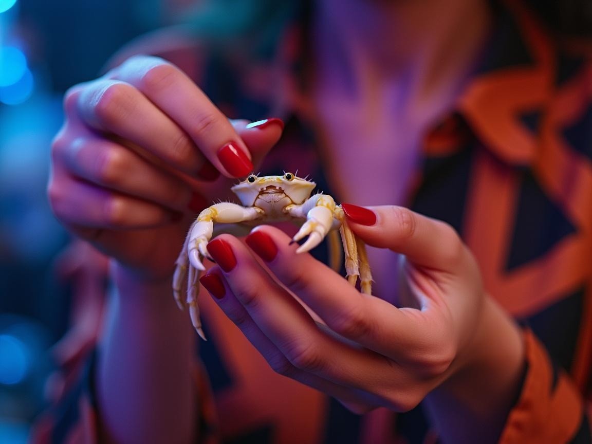 Person Holding a Small Crab with Vibrant Background