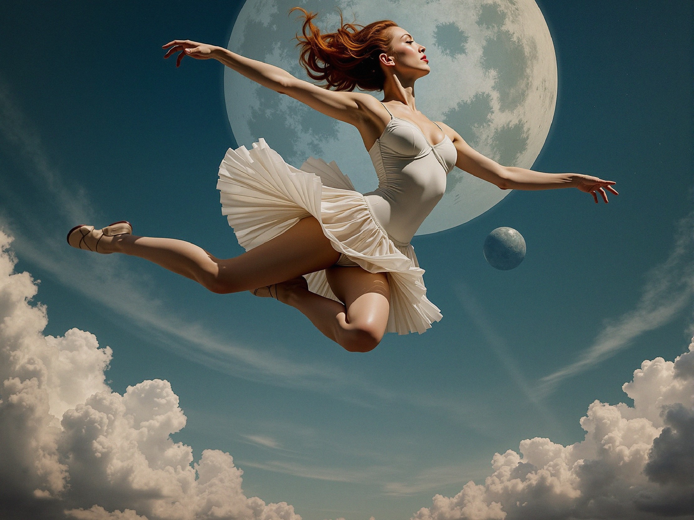 Dancer in White Dress Leaping Against Moonlit Sky