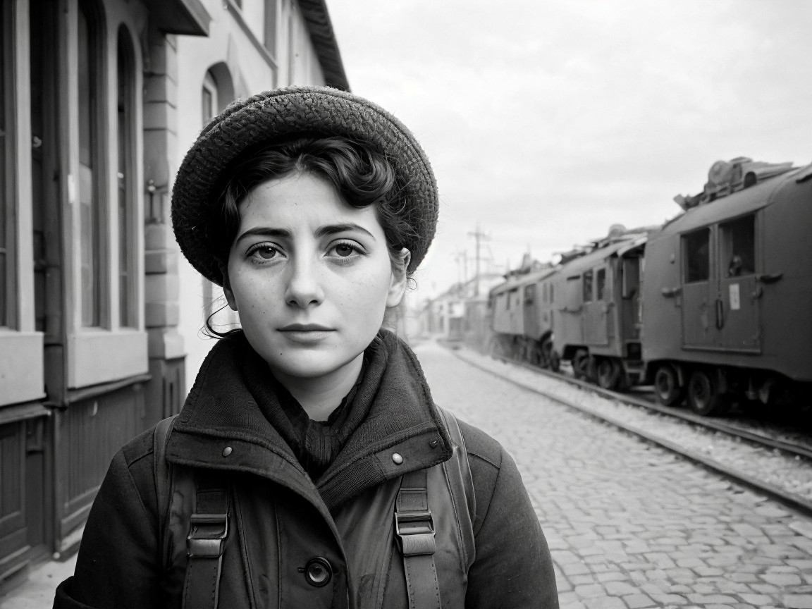 Young Woman in Dark Coat at Vintage Railway Station