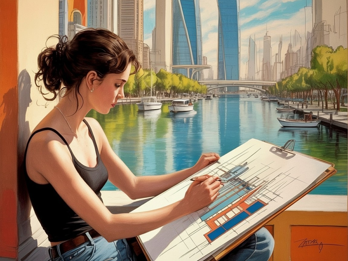 Young Woman Sketching by Vibrant Waterfront Scene