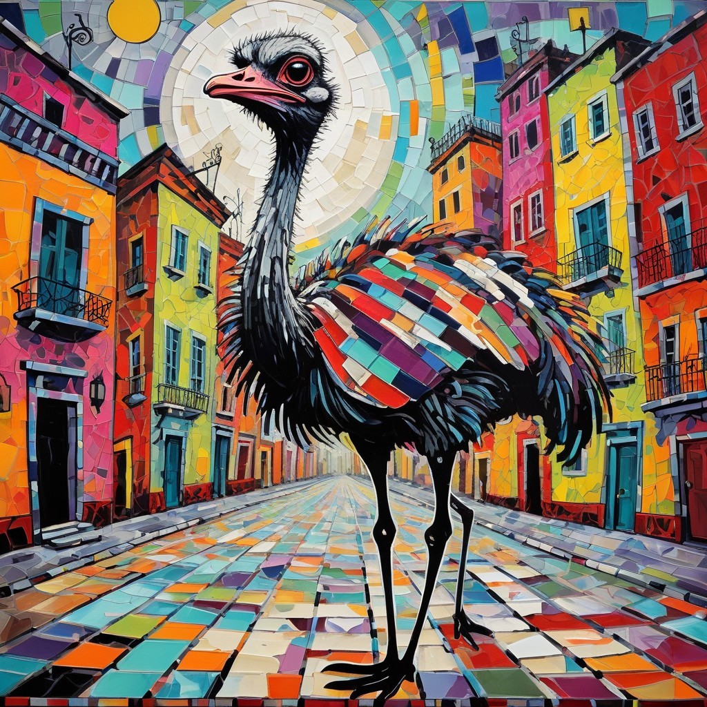 Colorful Artwork of an Ostrich in a Bright Street Scene
