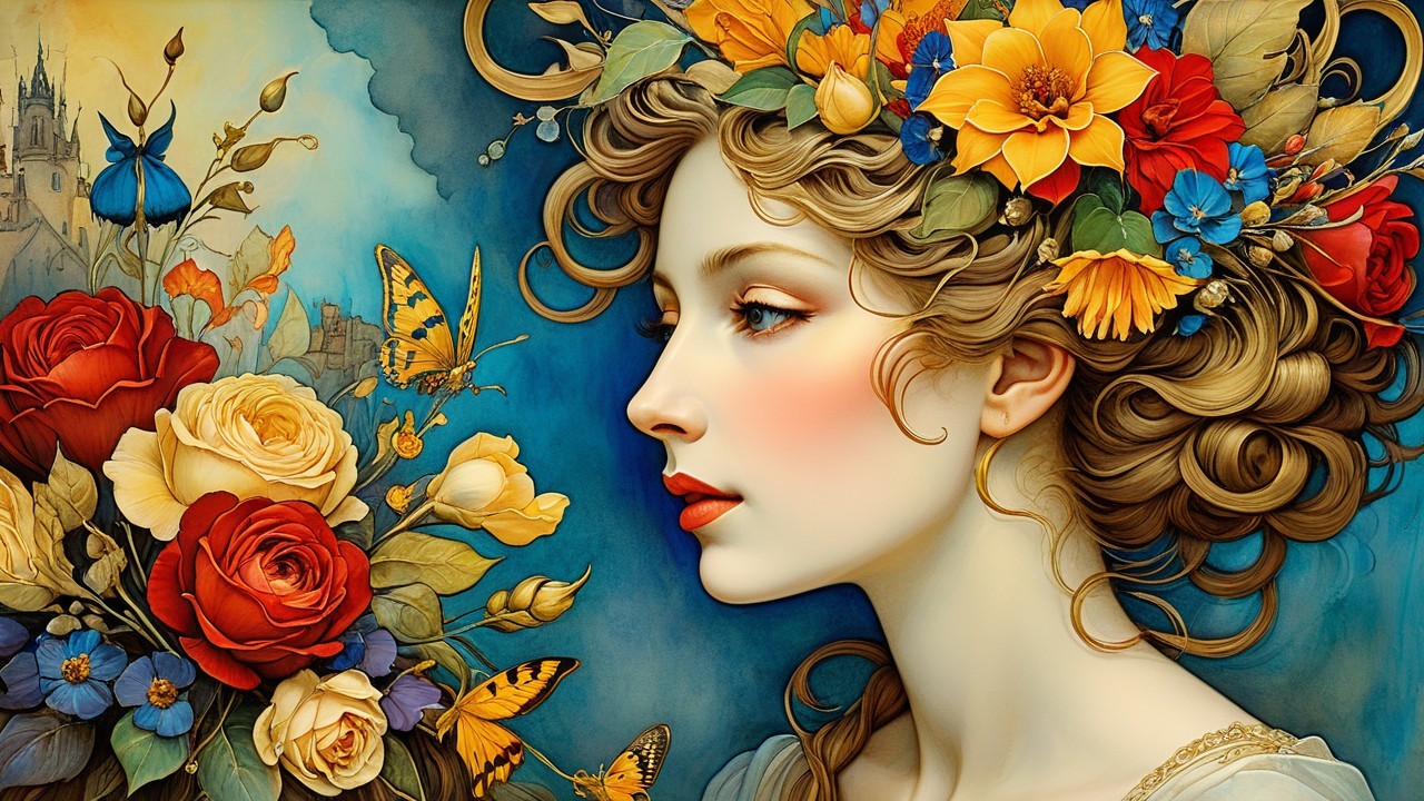 Serene Woman with Curly Hair and Vibrant Flowers