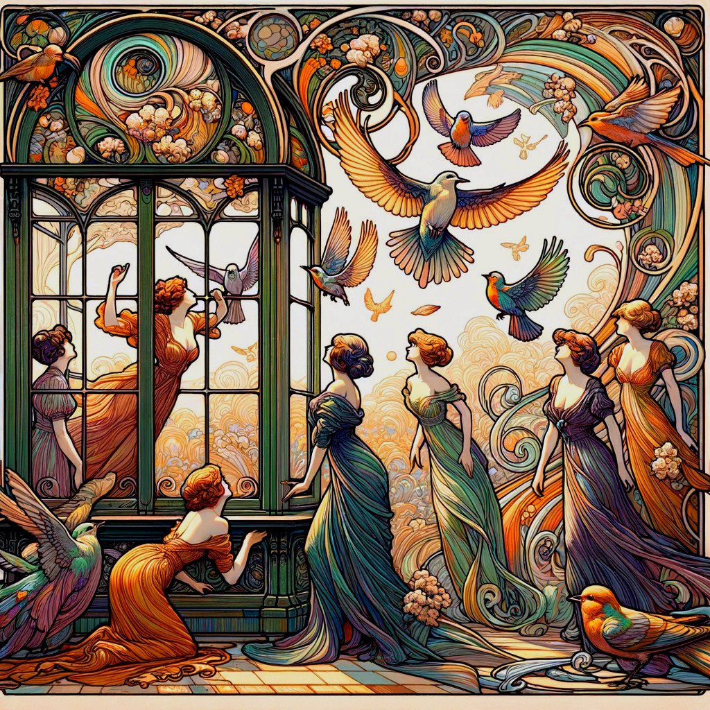 Art Nouveau Scene with Women and Colorful Birds
