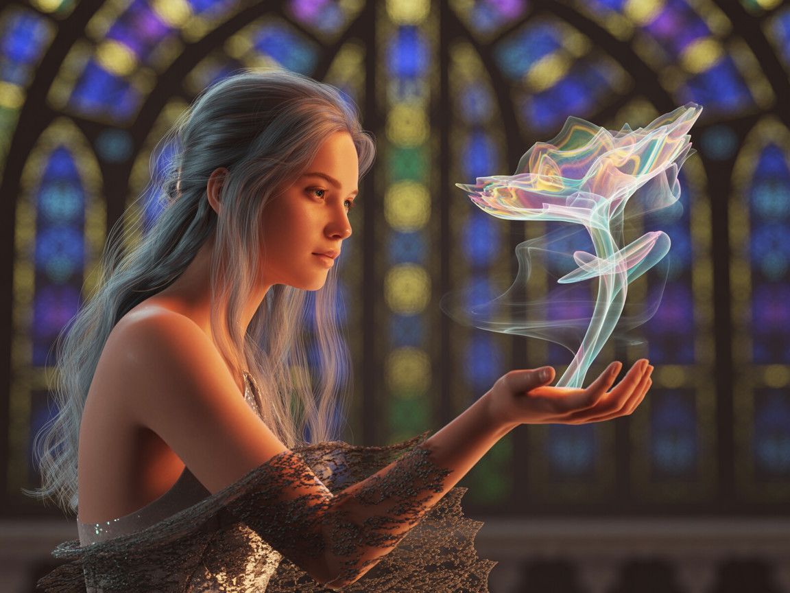 Young woman with silver-blue hair and glowing rose