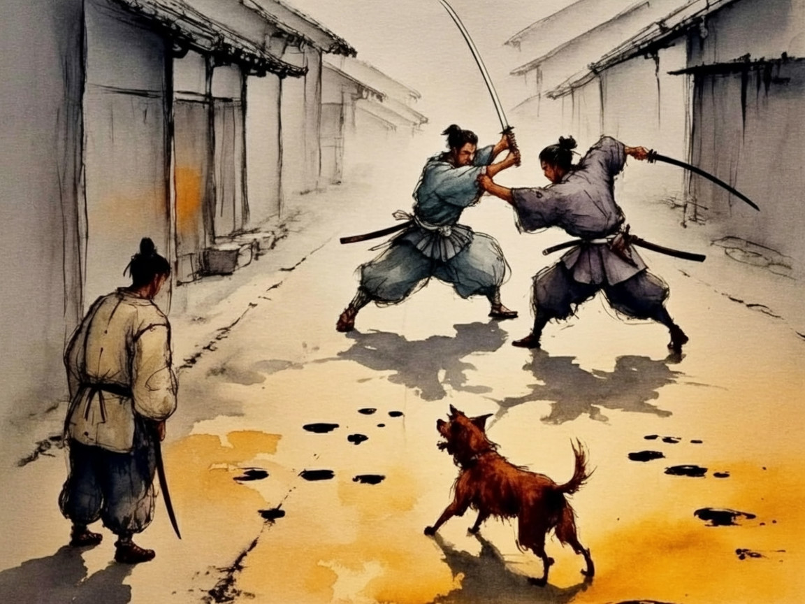 Samurai Duel on Narrow Street with Traditional Backdrop