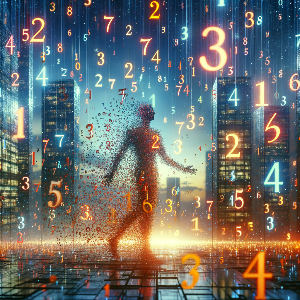 Silhouette in a Digital Landscape with Cascading Numbers