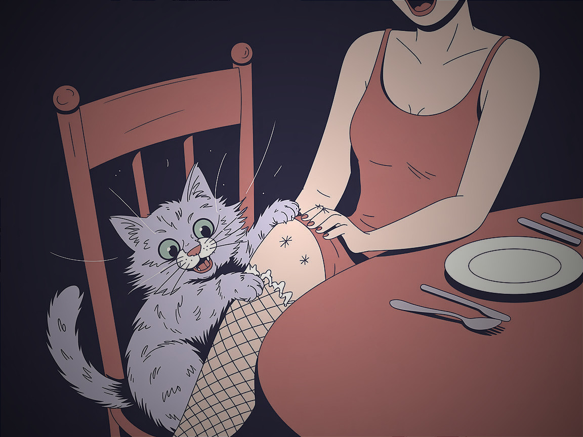 Gray Cat Playfully Interacting with Woman at Table