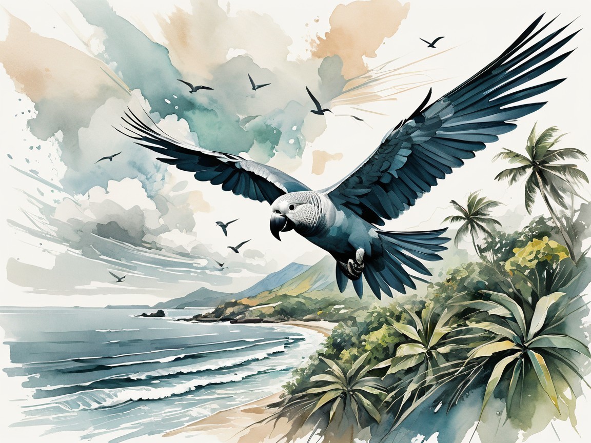 Parrot Soaring Over Tropical Coastline Scene