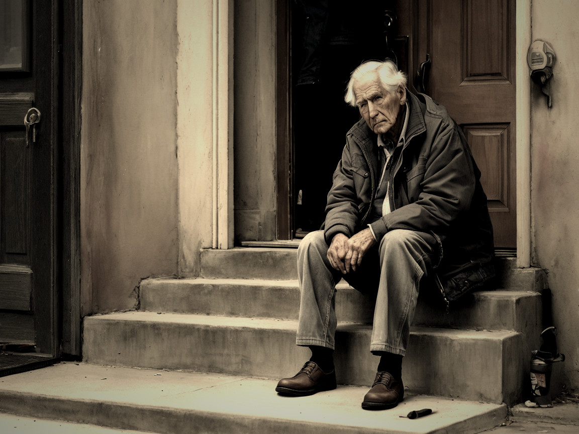 Elderly Man in Contemplation on Building Steps