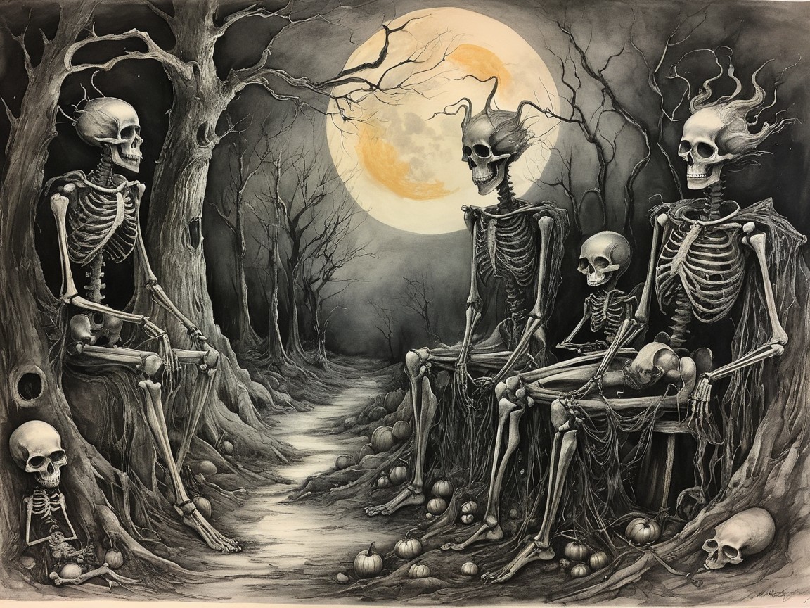 Skeletal Figures in a Moonlit, Eerie Landscape
