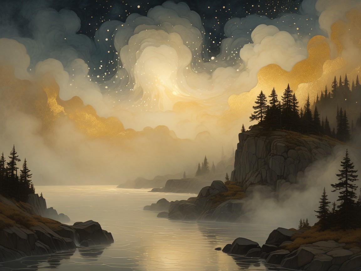 Serene Landscape with River and Starry Sky