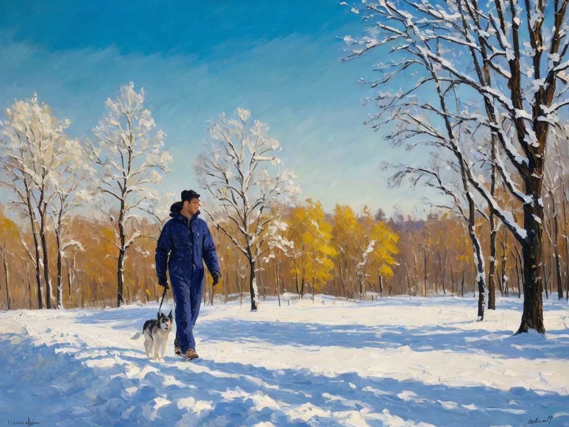 Person in blue snow suit walks dog in snowy landscape