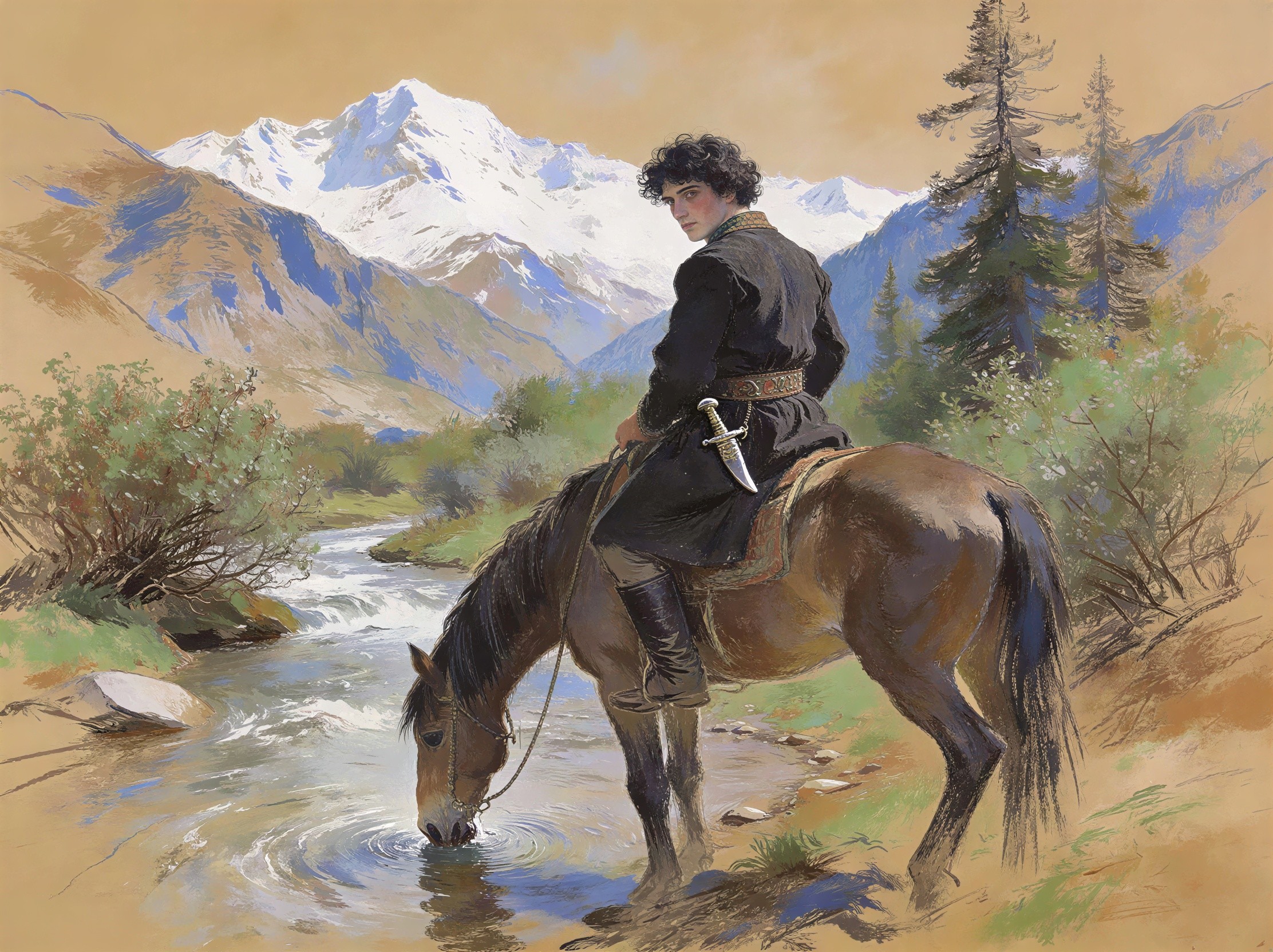 Pastel Drawing of Young Man on Horse by Stream