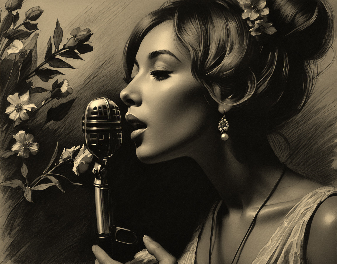 Vintage Portrait of Woman Singing with Floral Motifs